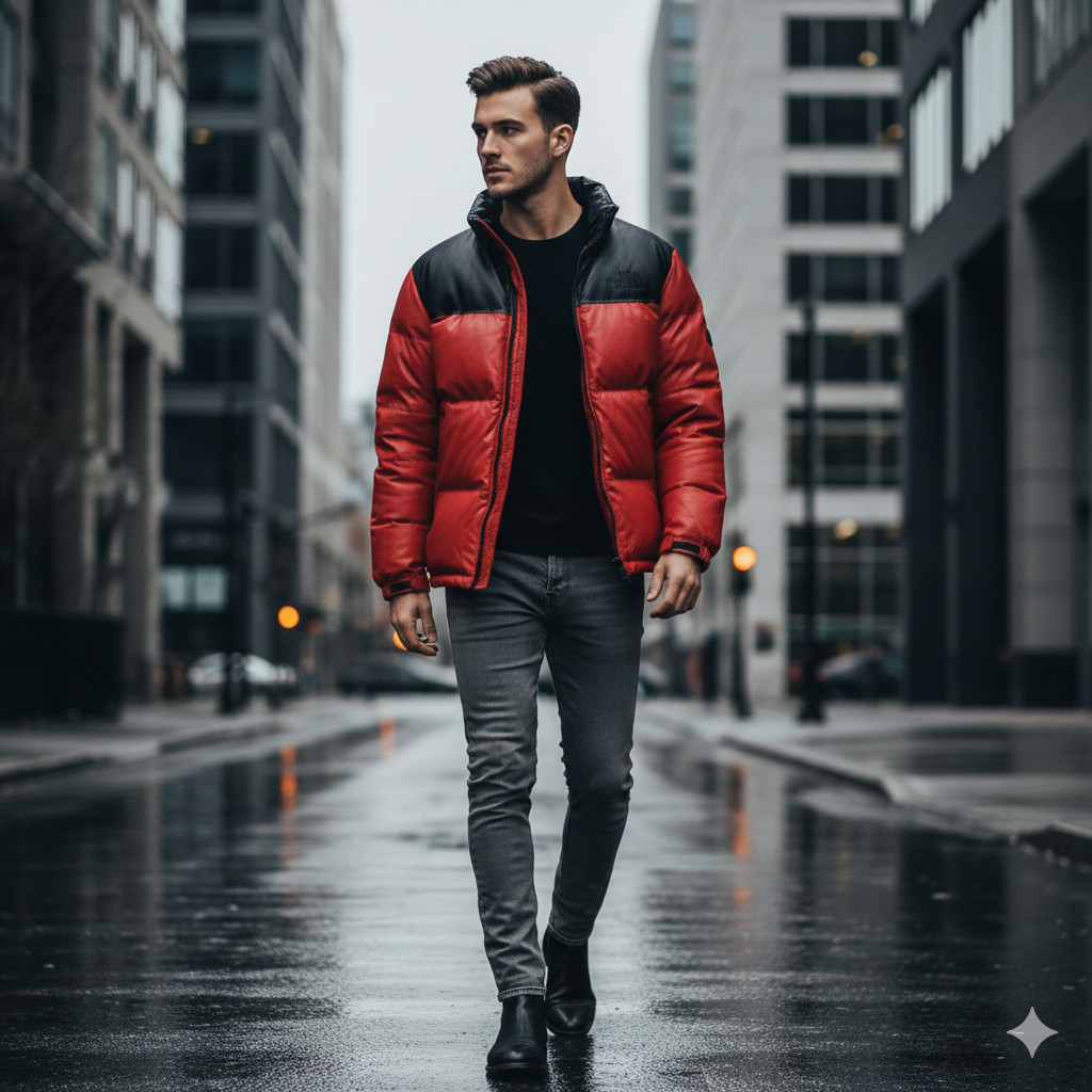 Men’s Genuine Sheepskin Leather Puffer Jacket Red/Black Winter Warm Coat All Siz