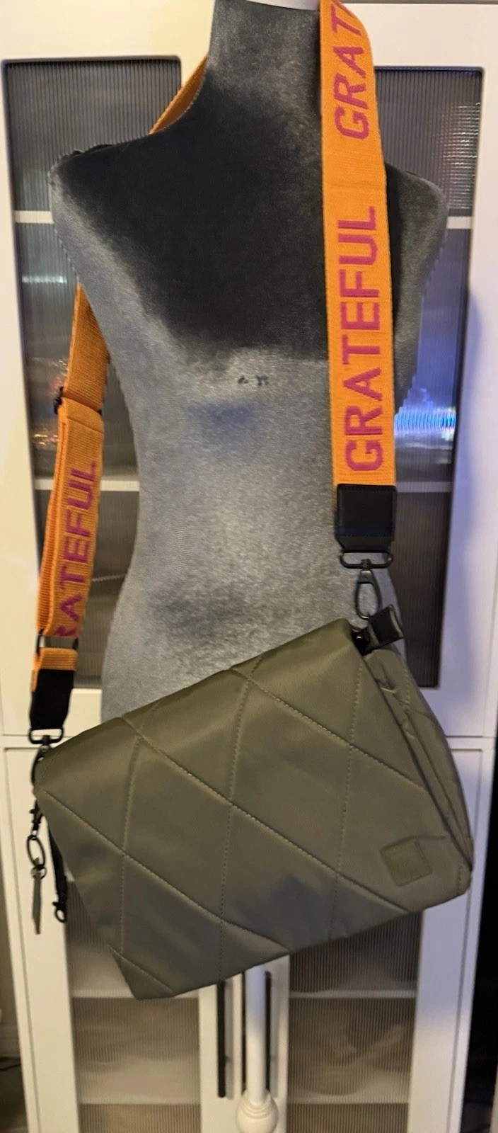 Quilted Crossbody Bag Orange “Olive GRATEFUL” Strap Charm Zip Magnetic Pockets