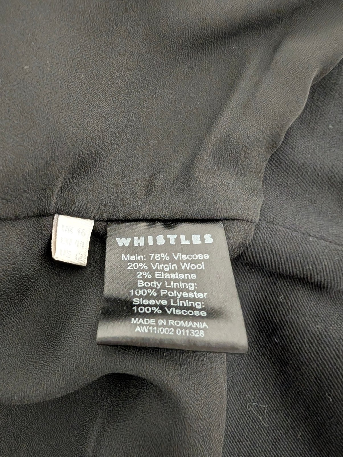 Whistles Virgin Wool Blend Jacket Short Open Waterfall Smart Work Black UK 16
