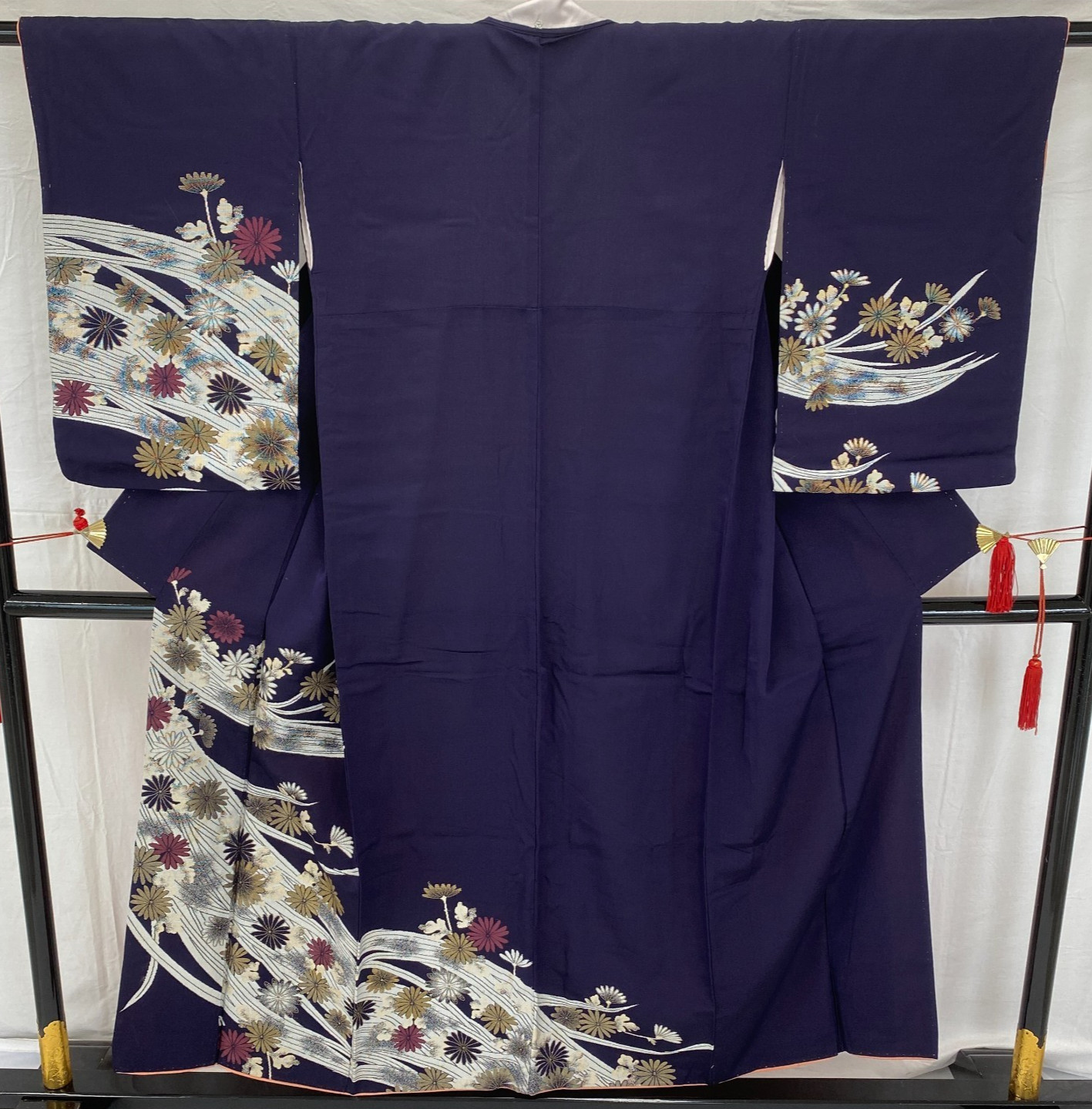 Japanese Vintage Kimono Polyester Navy Komon Traditional Authentic Length 58in