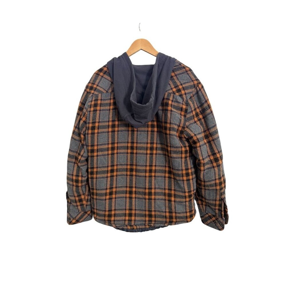 Legendary Outfitters Hooded Quilted Flannel Jacket Gray Orange Plaid Men’s M