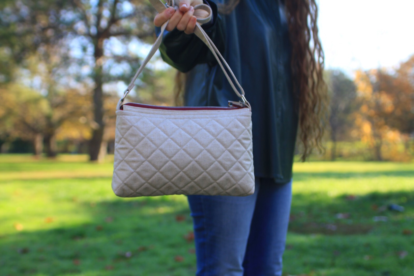 Handmade Beige Shiny Cotton Bag Adjustable Strap Red Accent Two Pockets.