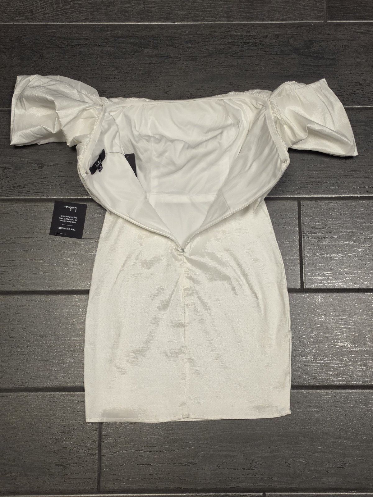 LULUS White Satin Off-Shoulder Ruffle Puff Sleeve Bodycon Mini Dress S