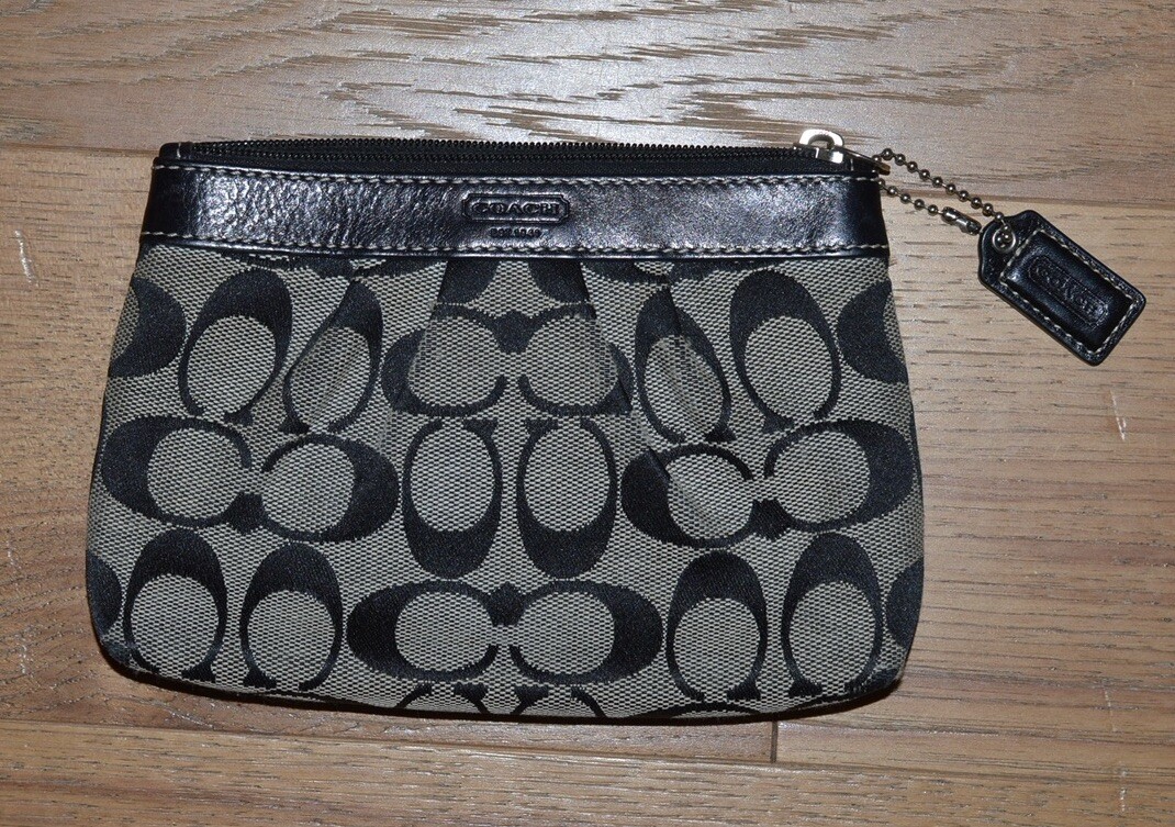 Coach Wristlet Monogram Black Grey Signature Top Zip Wallet Pouch