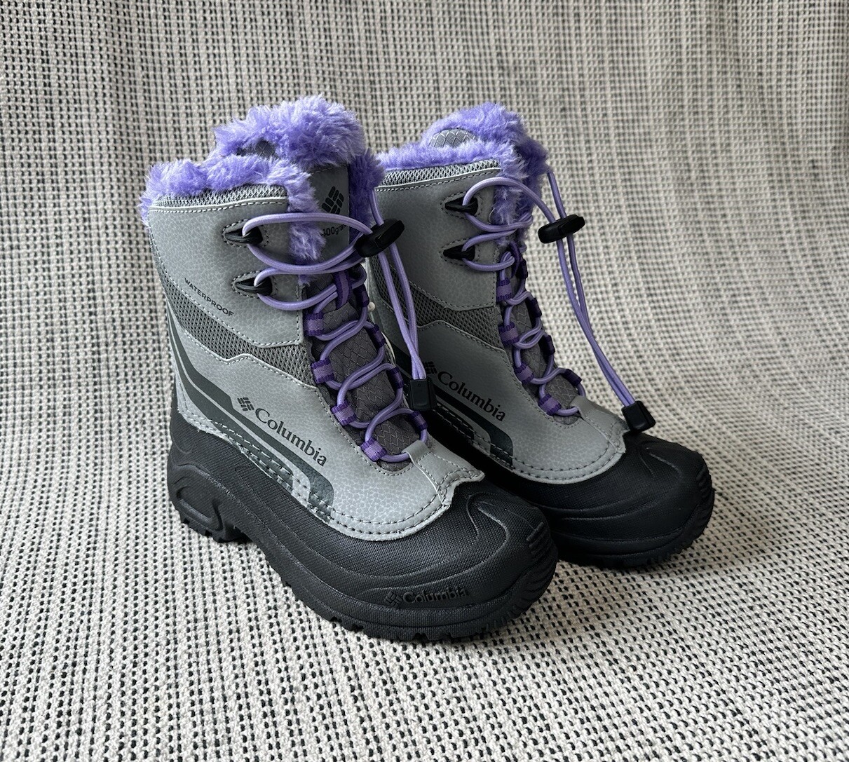 Columbia Bugaboot Girls 2 Gray Purple Snow Boots Faux Fur Waterproof Omni-Heat