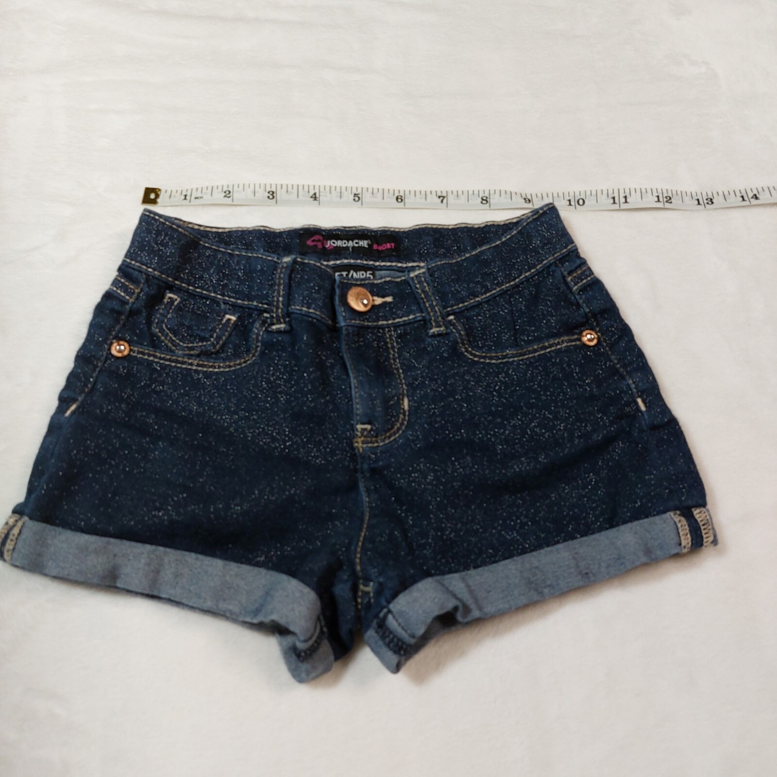 JORDACHE GIRLS BLUE JEAN GLITTER SPARKLE CUFFED DENIM SHORTS ADJUSTABLE WAIST 5T