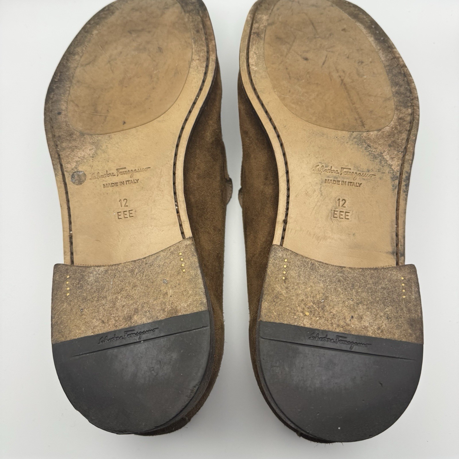 Salvatore Ferragamo Rolo Gancini Loafers Brown Calf Leather Suede 12 EEE Italy