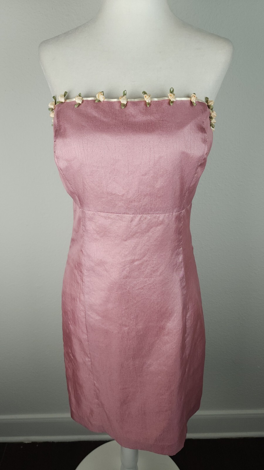 Vintage 90s Pink Silk Satin Rosebud Dress Strapless Ivory Ribbons Homemade ~M