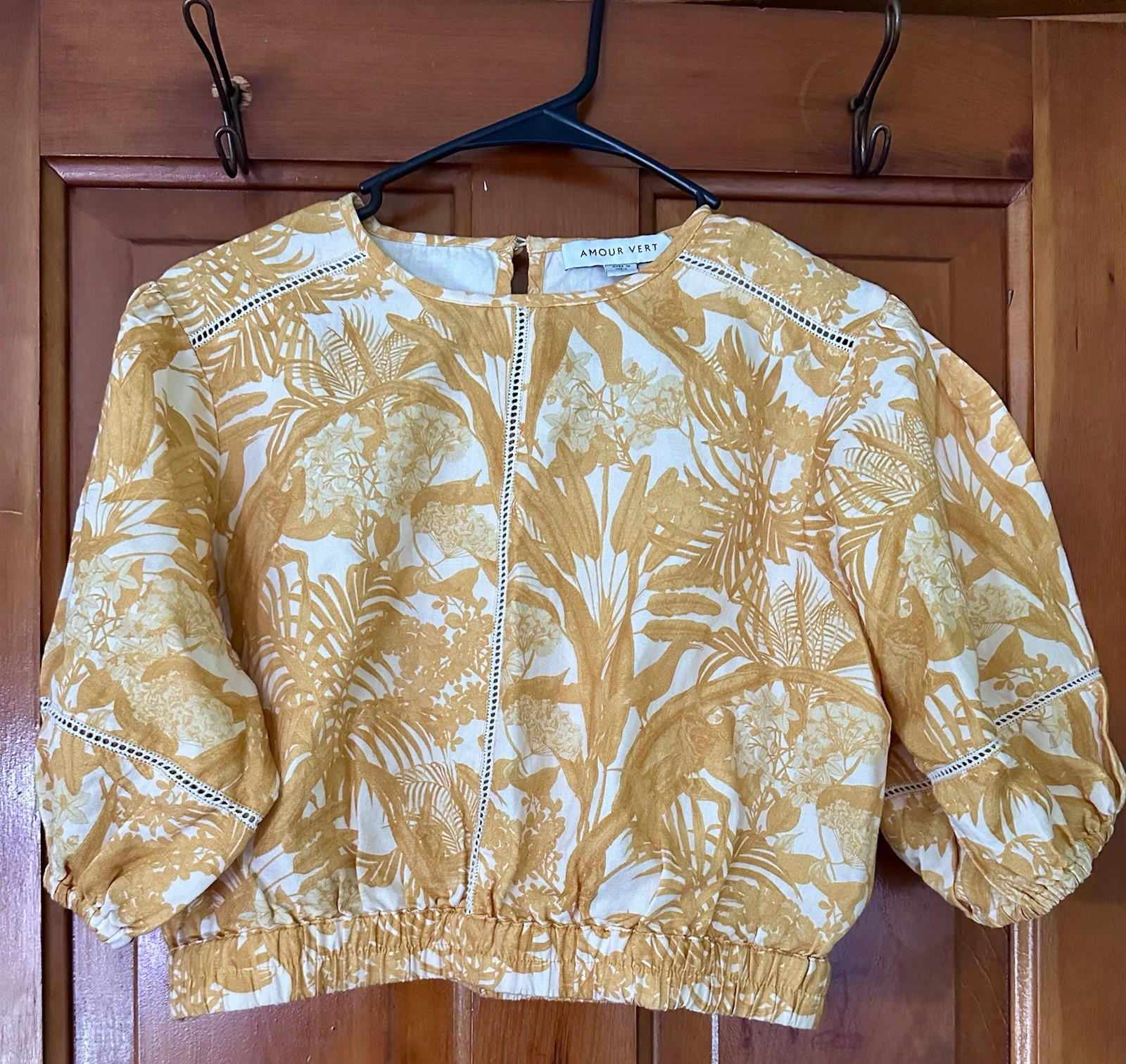 Amour Vert Womens S White Yellow Floral Organic Cotton Puff Sleeve Blouse
