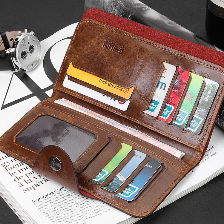 Men’s Leather Wallet Bifold ID Card Holder Checkbook Long Clutch Billfold Purse