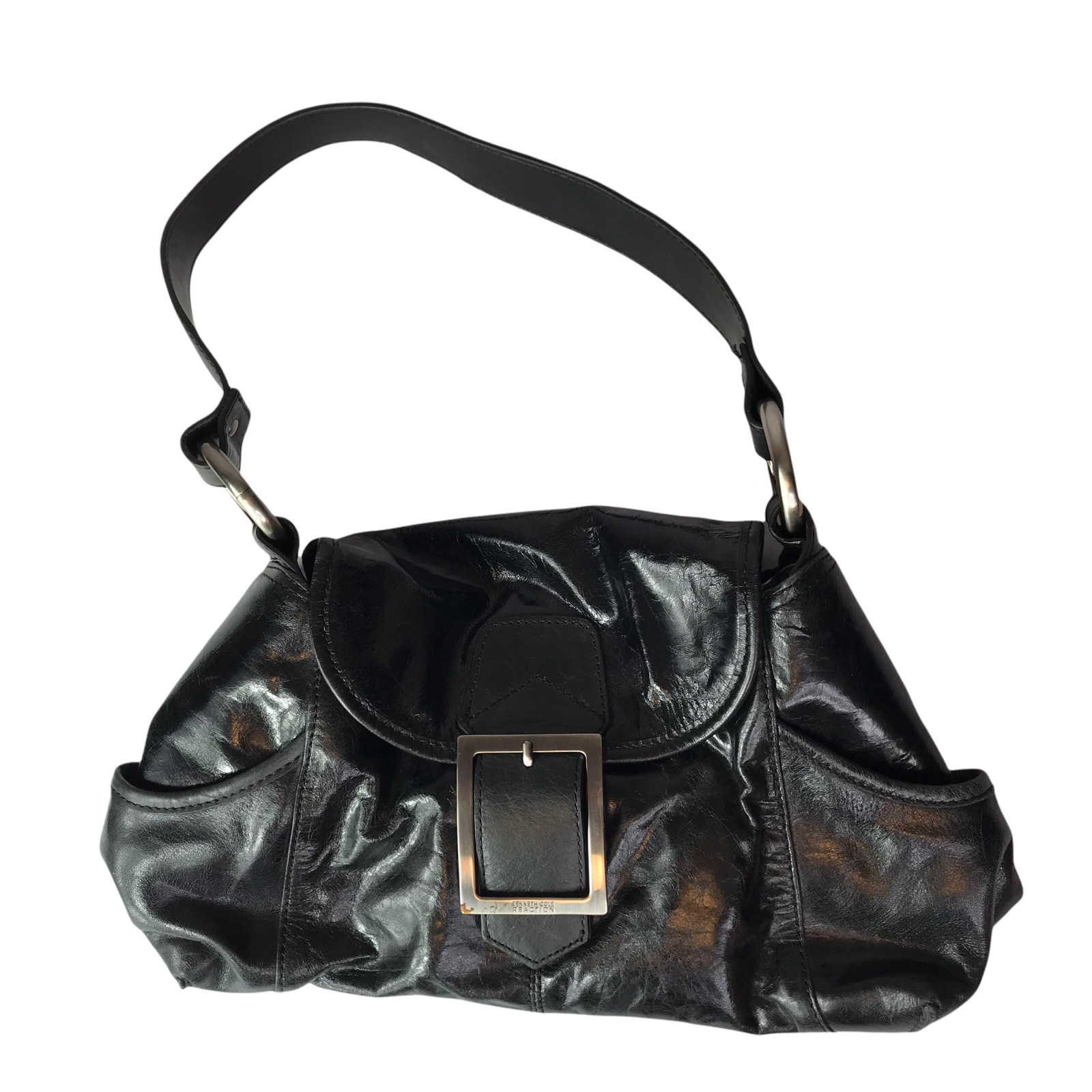 Kenneth Cole Reaction Leather Purse Shoulder Bag Black Silver Buckle Magnetic