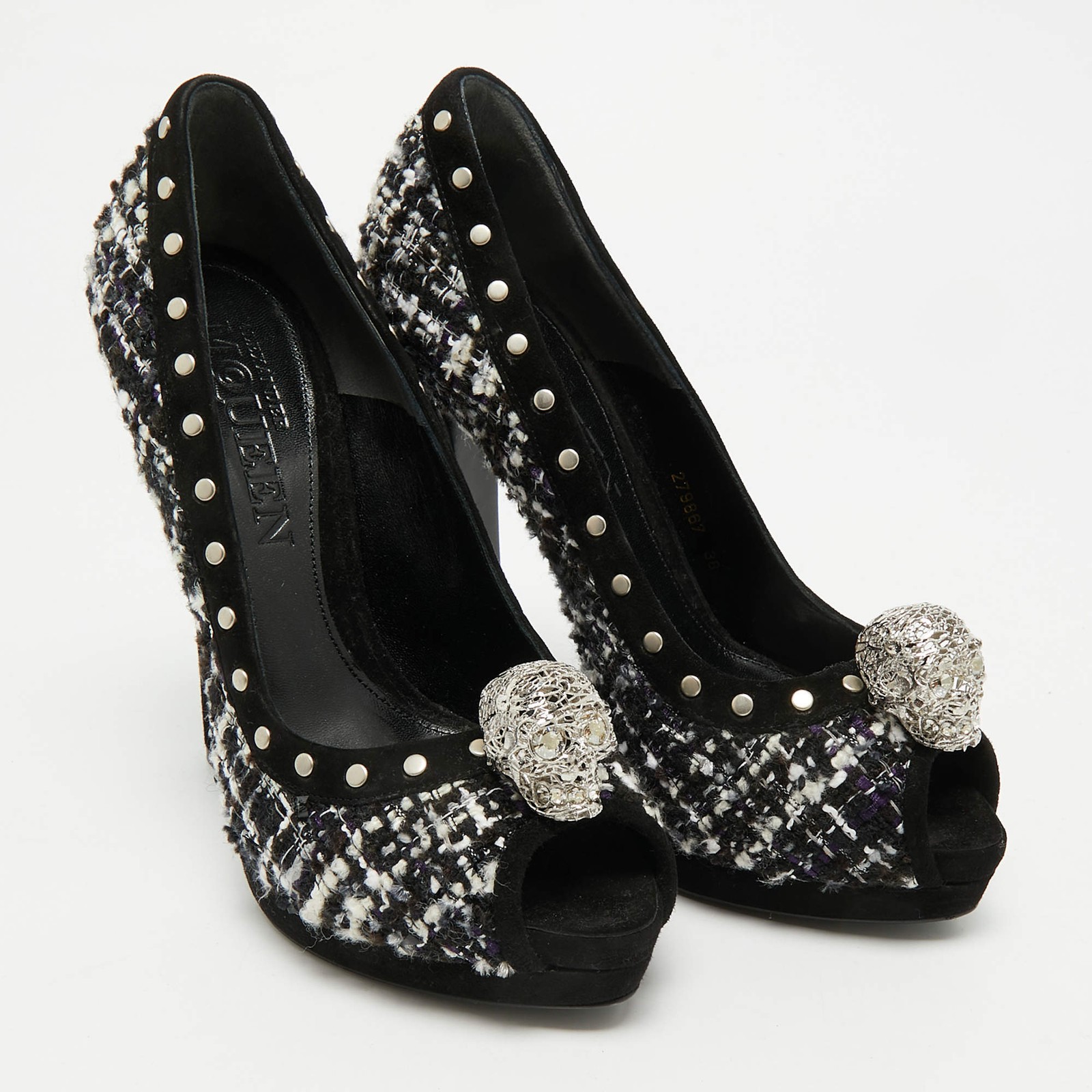 Alexander McQueen Skull Size 38 Black Suede and Tweed Peep Toe Pumps