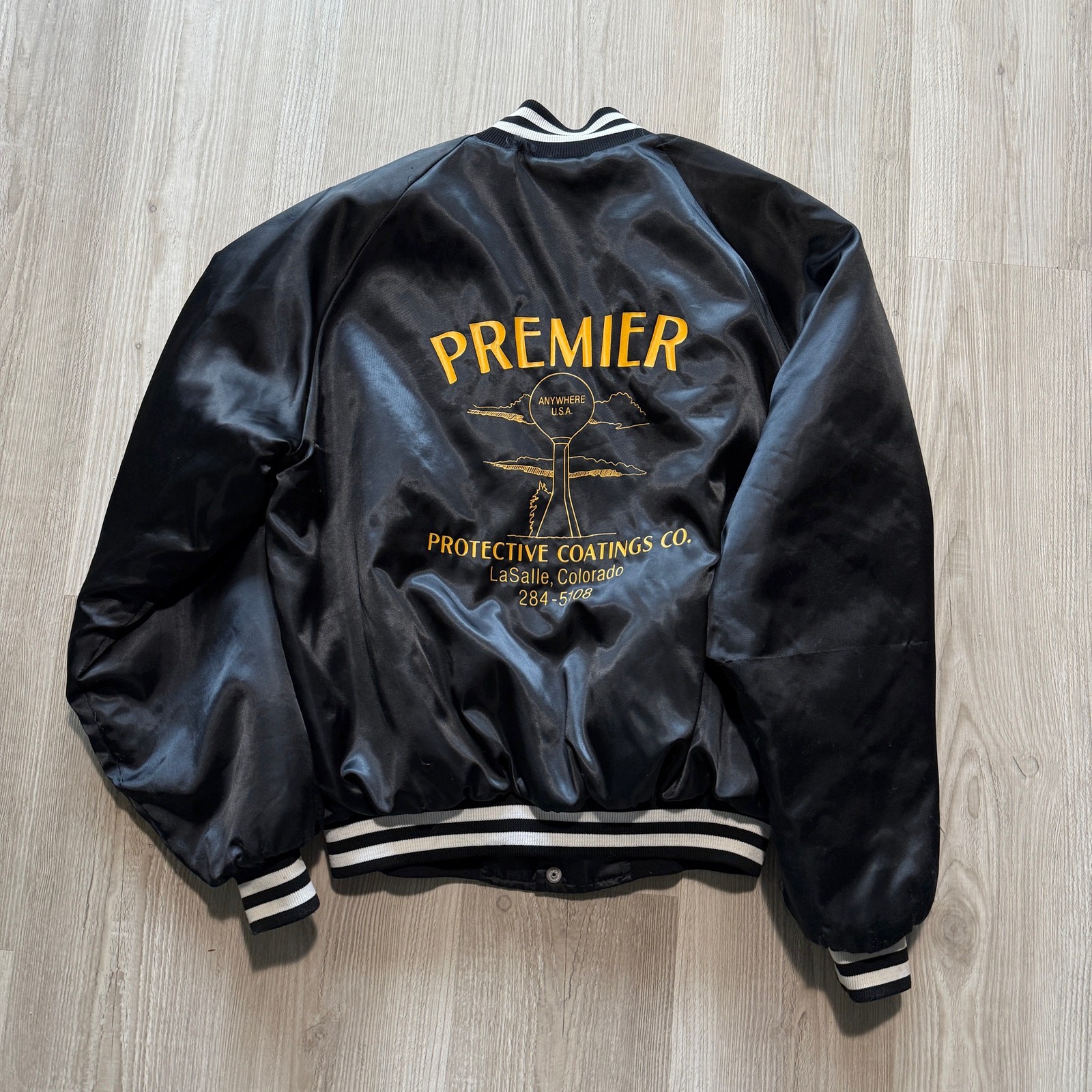 Vintage 90’s Premier Protective Coatings Black Satin Quilted Bomber Jacket Sz L
