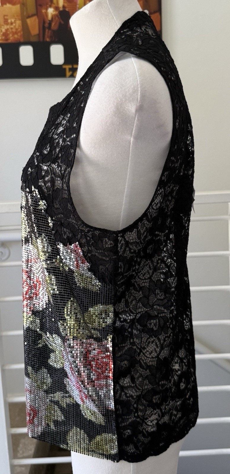 Paco Rabanne Floral-print Chainmail & Corded Black Lace Top Blouse Sz 38 FR/6 US