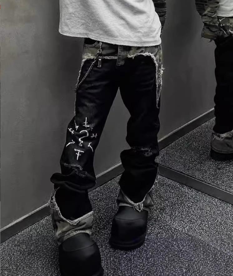 Men’s Black Denim Camouflage Mixed Straight Leg Casual Pants Jeans Punk Hip Hop