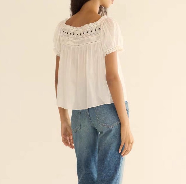 Women Doen Square Neck Lace Short Sleeve Loose Blouse Top