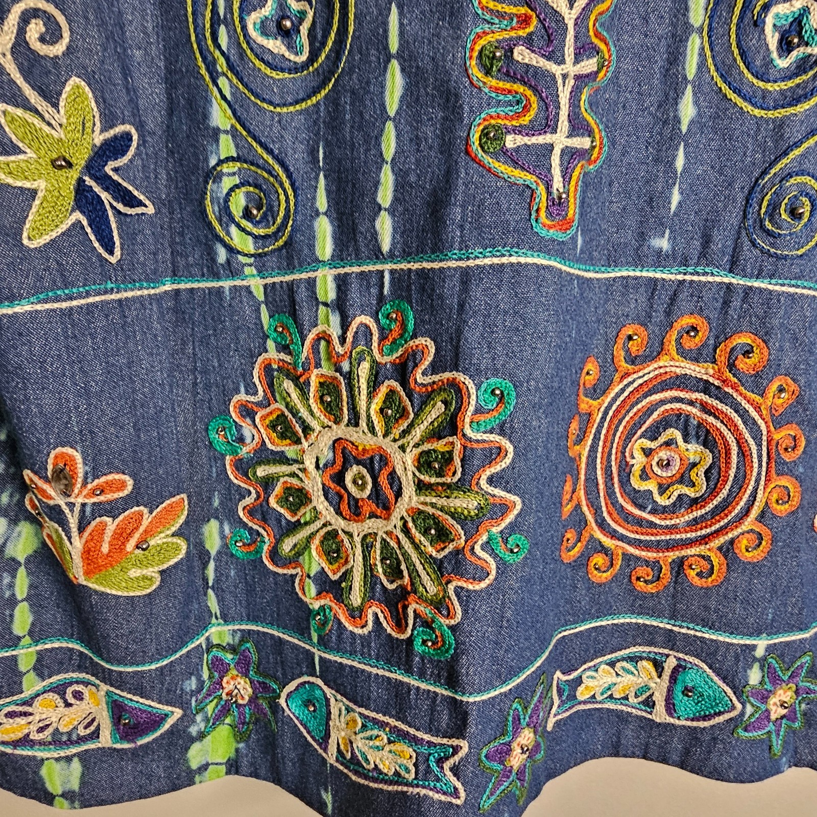 Indigo Moon Large Jacket Green Tie Dye Blue Denim Embroidered Beaded Boho Artsy