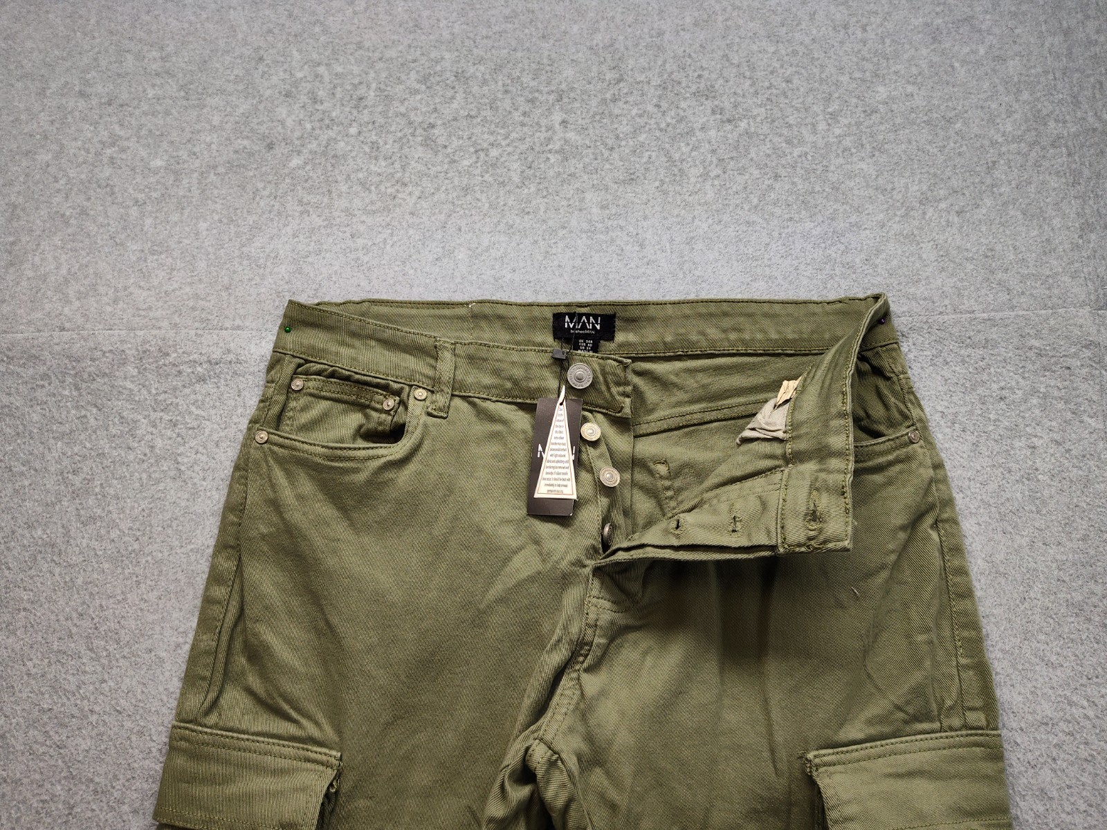 Boohooman Men Cargo Pant 34 Olive Green Utility Workwear Strappy Buckle Pockets