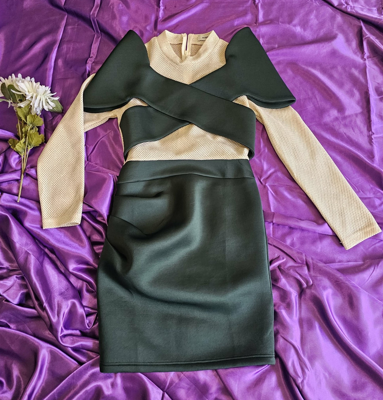 AOMEI Black Beige Solid Mesh Cut Out High Neck Long Sleeve Bodycon Dress S