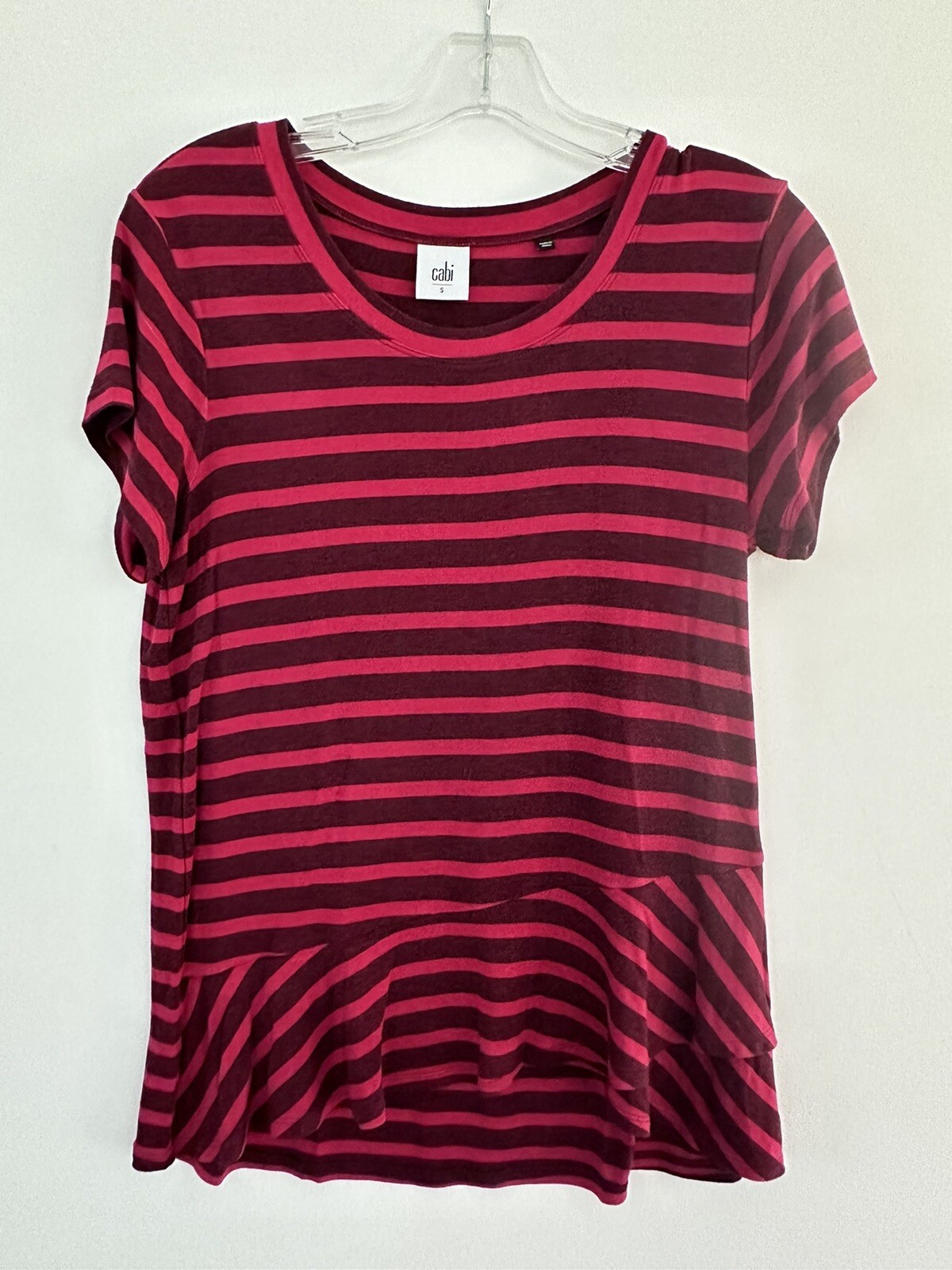 Cabi 3631 Womens Red Stripes Tee Scoop Neck Ruffled Peplum Top Shirt S Small