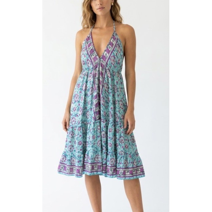 New India Boutique Halter Dress One Size Multi Floral Batik Boho Tiered Ruffle
