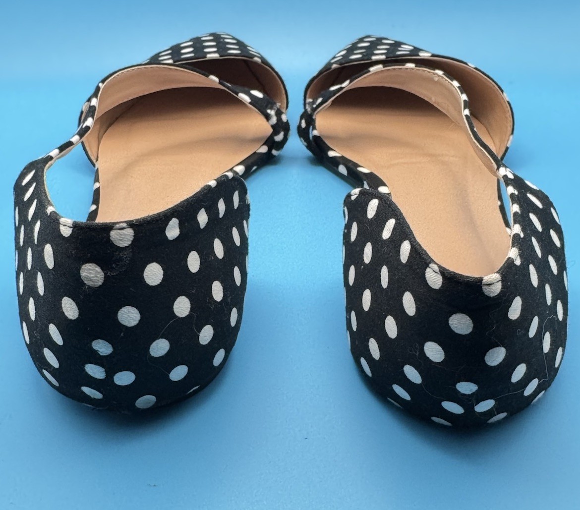 Women’s Black/White Polka Dot Pointed Toe D’Orsay Strap Flats 10