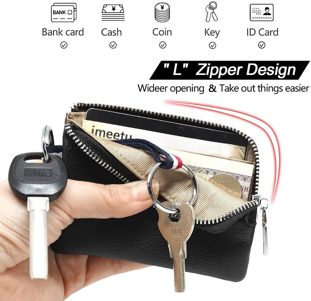 Genuine Leather Coin Purse Change Pouch With Zipper & Key Chain For Men Women