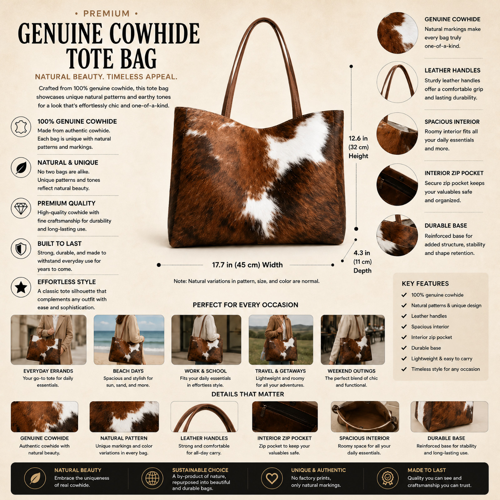 Cowhide Leather Tote Bag Brown White Cow Print Western Women’s Handbag