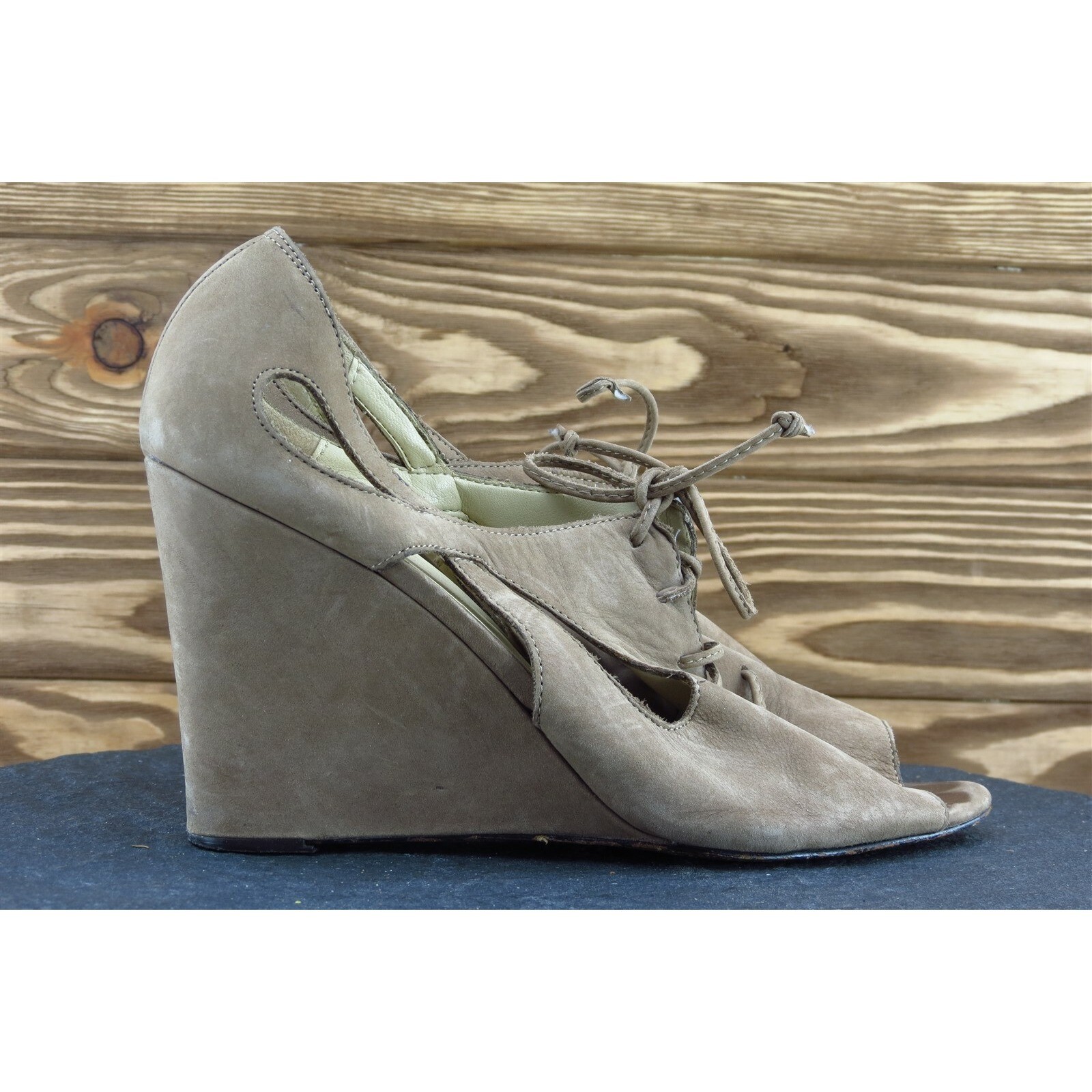 Jessica Bennett Womens Wedge Size 8 Brown Leather Peep Toe Cutout Dress Shoe