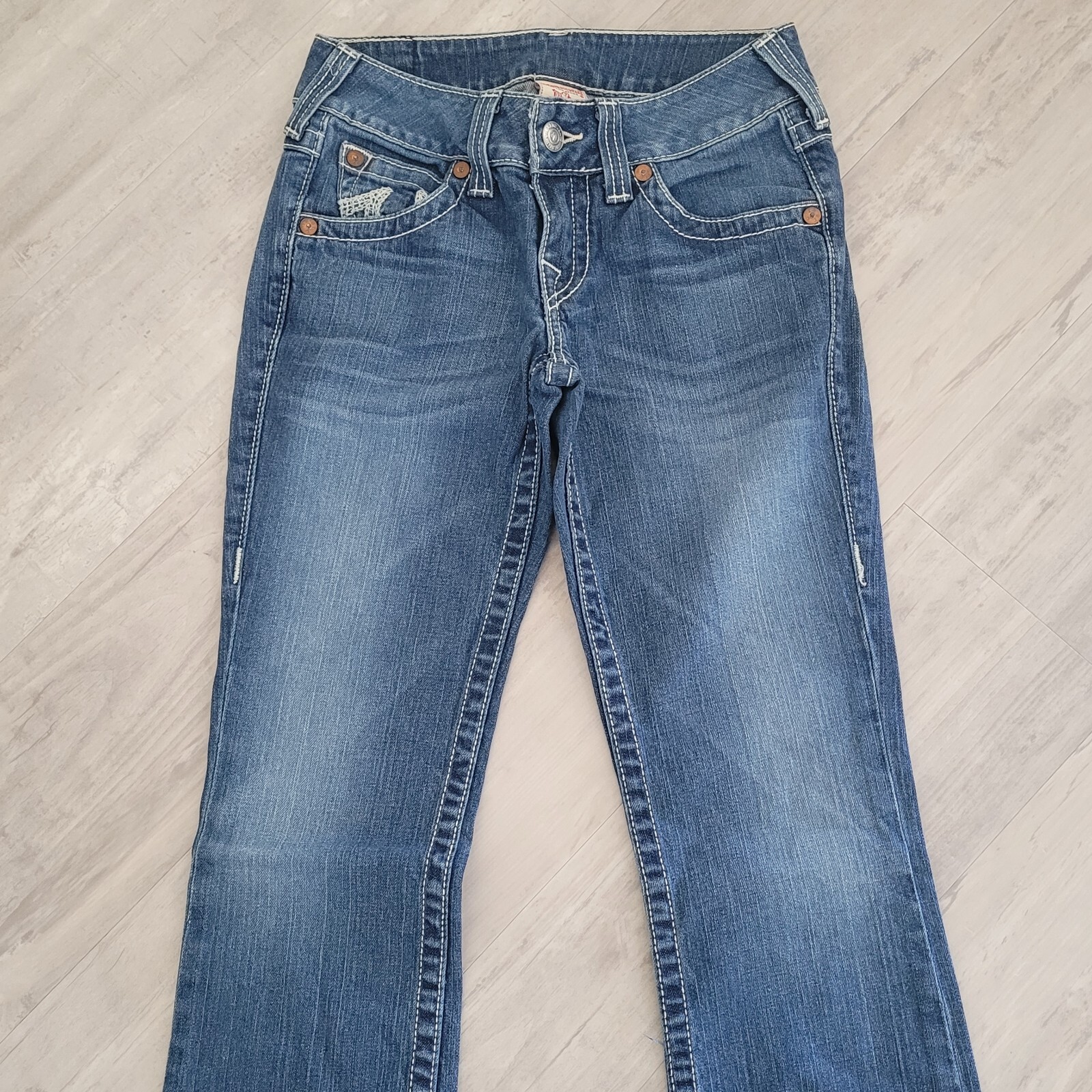 True Religion Becky Bootcut Jeans Size 27 Flap Pockets Medium Distressed