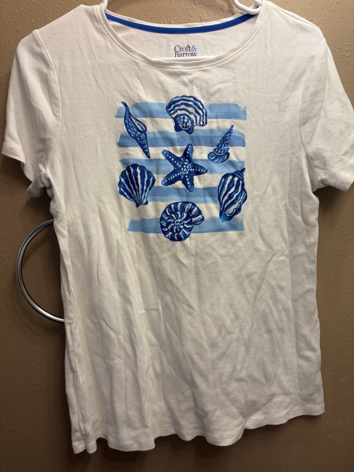 Croft & Barrow Women’s S Cotton Knit Stretch Starfish Graphic Tee White/Blue