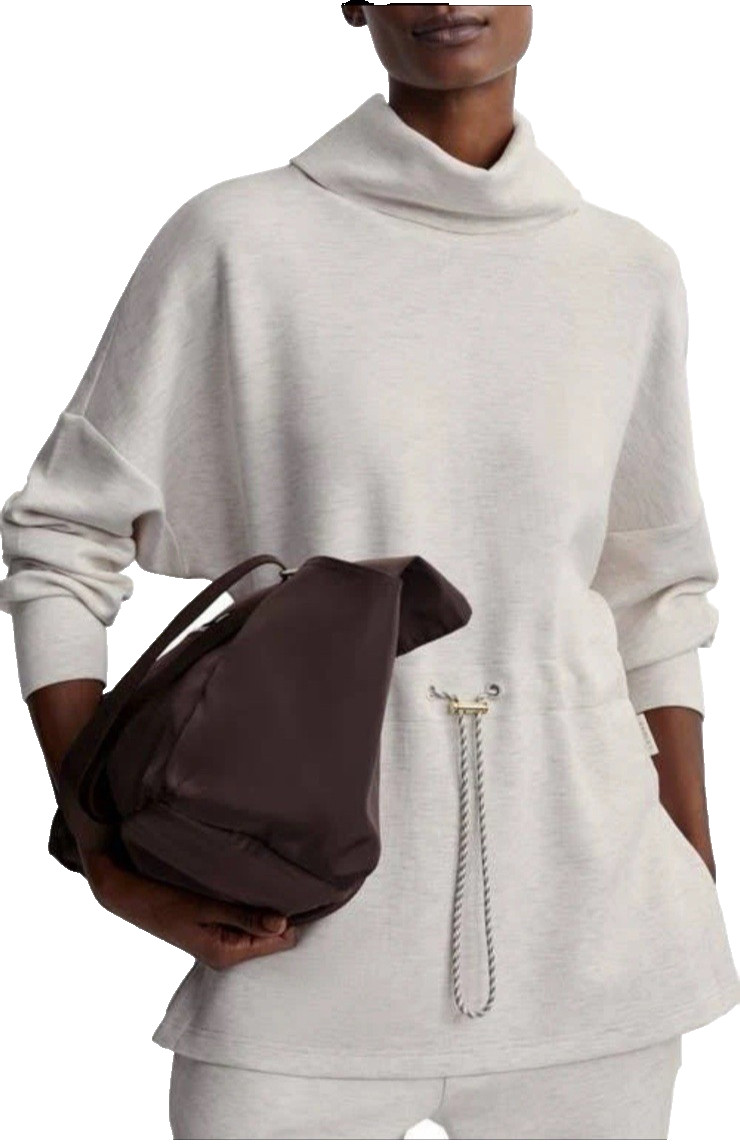 Varley Freya Sweat Funnel Neck Sweatshirt Ivory Marl Drawcord Waist Size L NWT