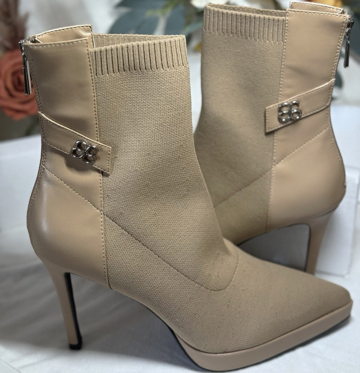 Cosy Island Women’s Beige Synthetic Knit Ankle Boots Pointed Toe Zip Stiletto