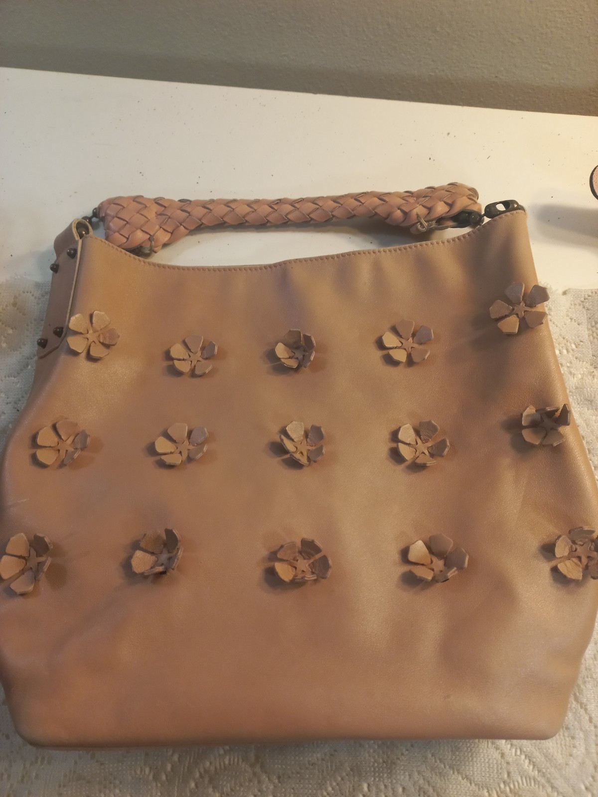 Falor Floral Handbag Satchel Peachy Pink Soft Leather Braided Handle Italy Purse