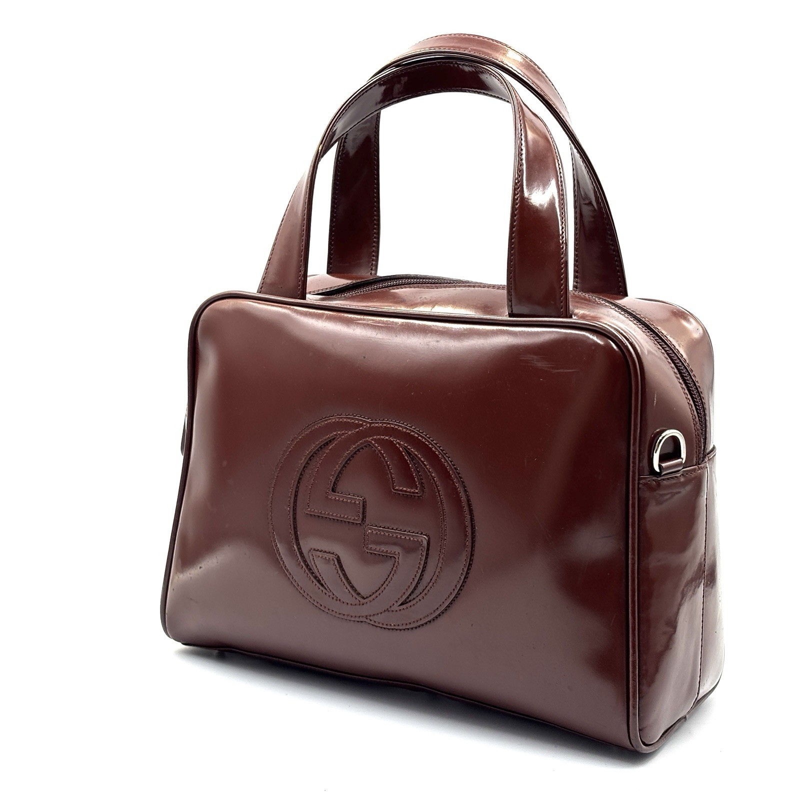 Gucci Handbag Shoulder Bag Patent Leather Interlocking G Brown Authentic