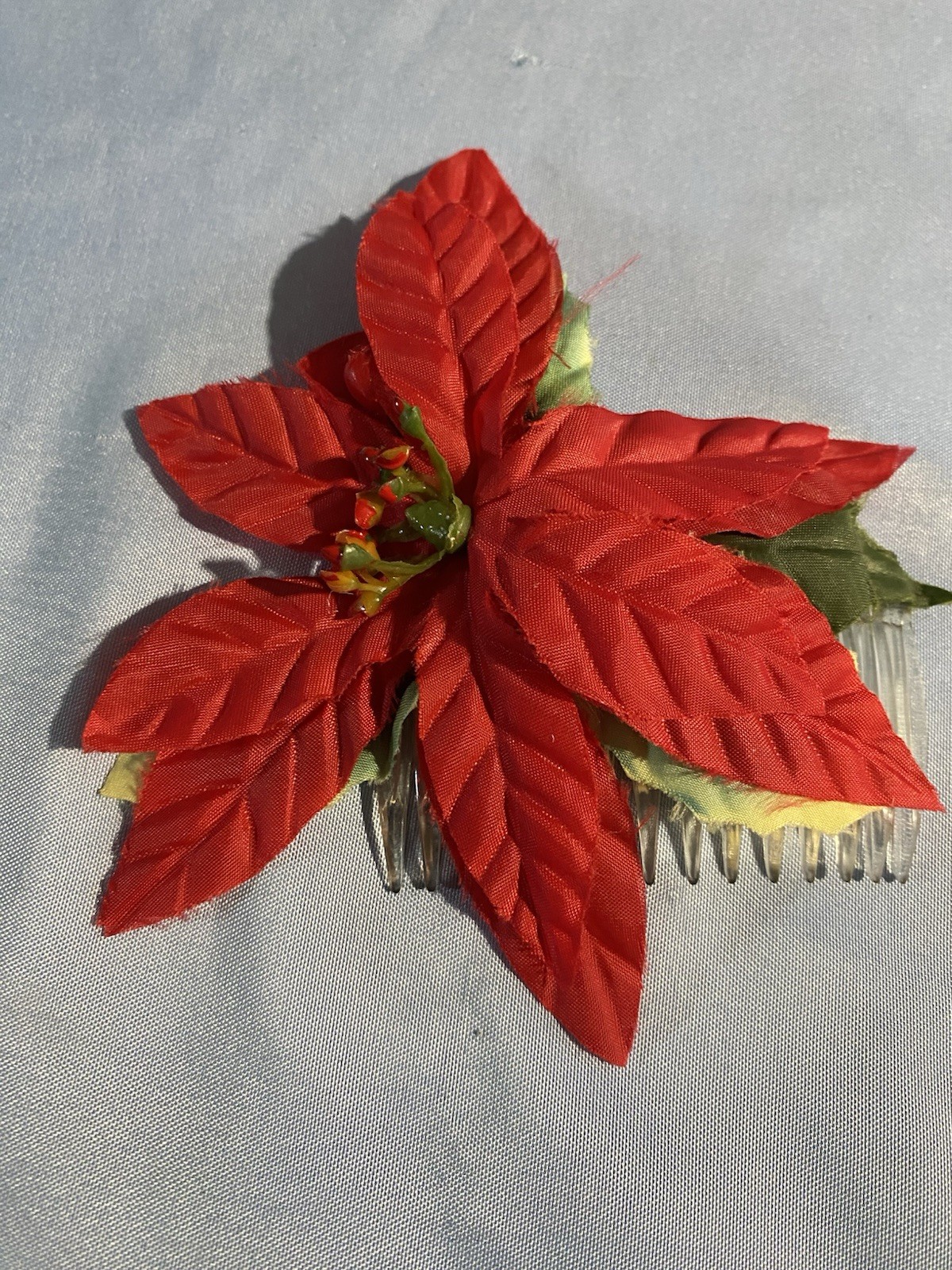 Vintage Christmas Red Poinsettia Hair Comb Fabric & Plastic RARE 80’s
