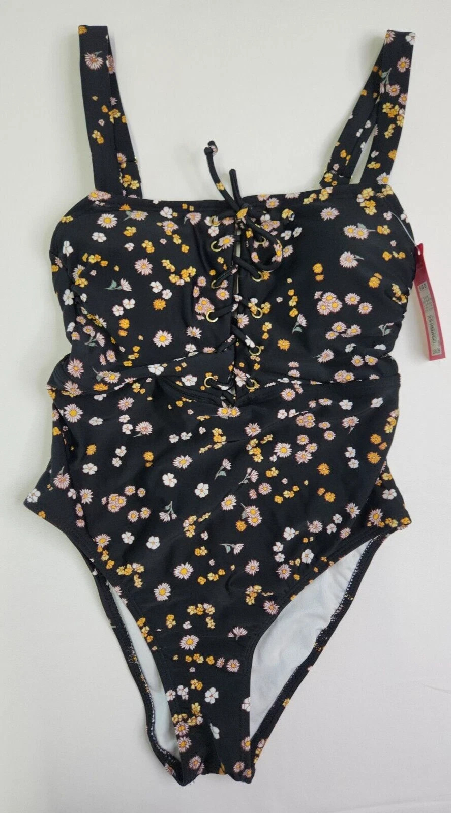 Xhilaration Juniors Black Floral Medium Cover 1 Pc Swimsuit Size S 0-2 Lace Up