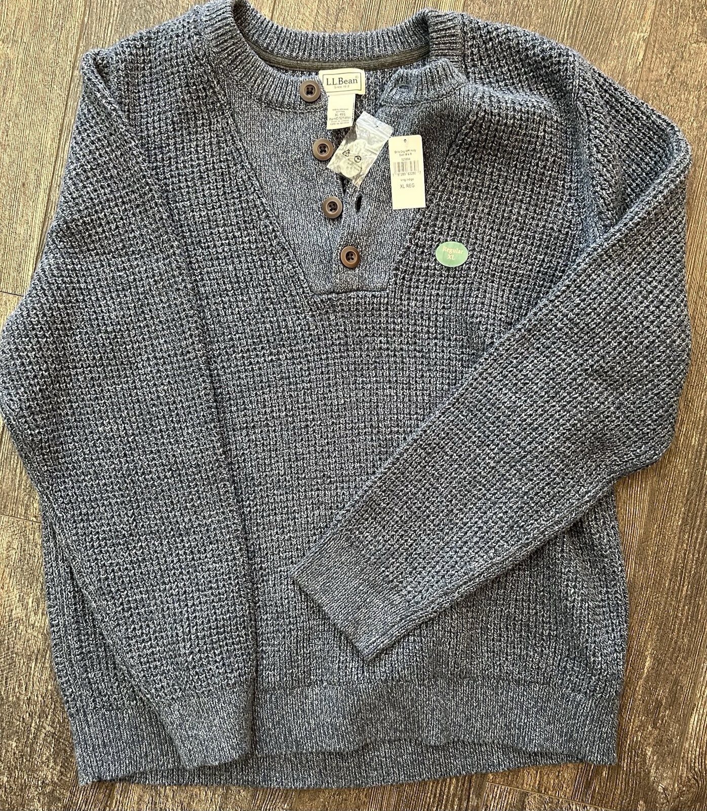 LL Bean Fisherman Sweater Mens XL Reg Henley, Blue 100% Organic Cotton Button