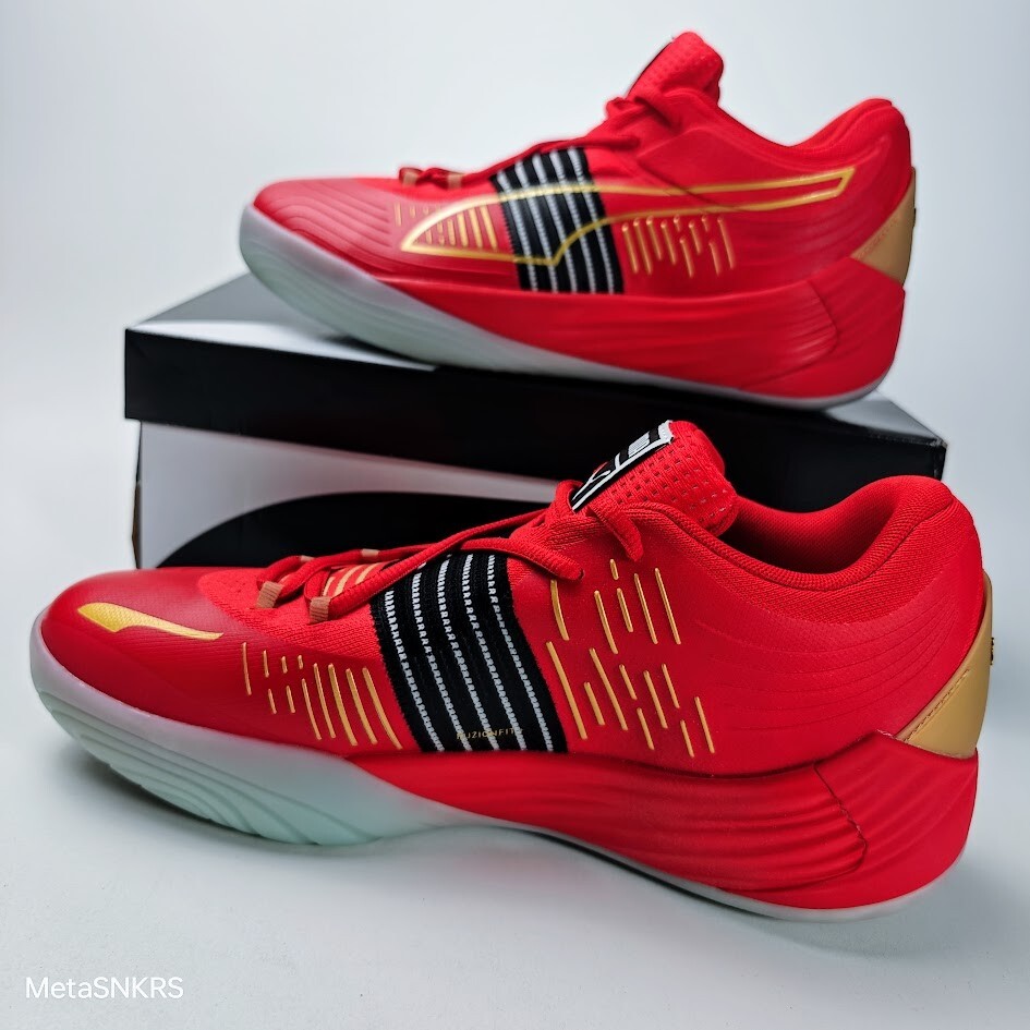 Puma US 11.5 Men’s Red Black Gold Basketball Light Fusion Nitro 195587 04 NIB