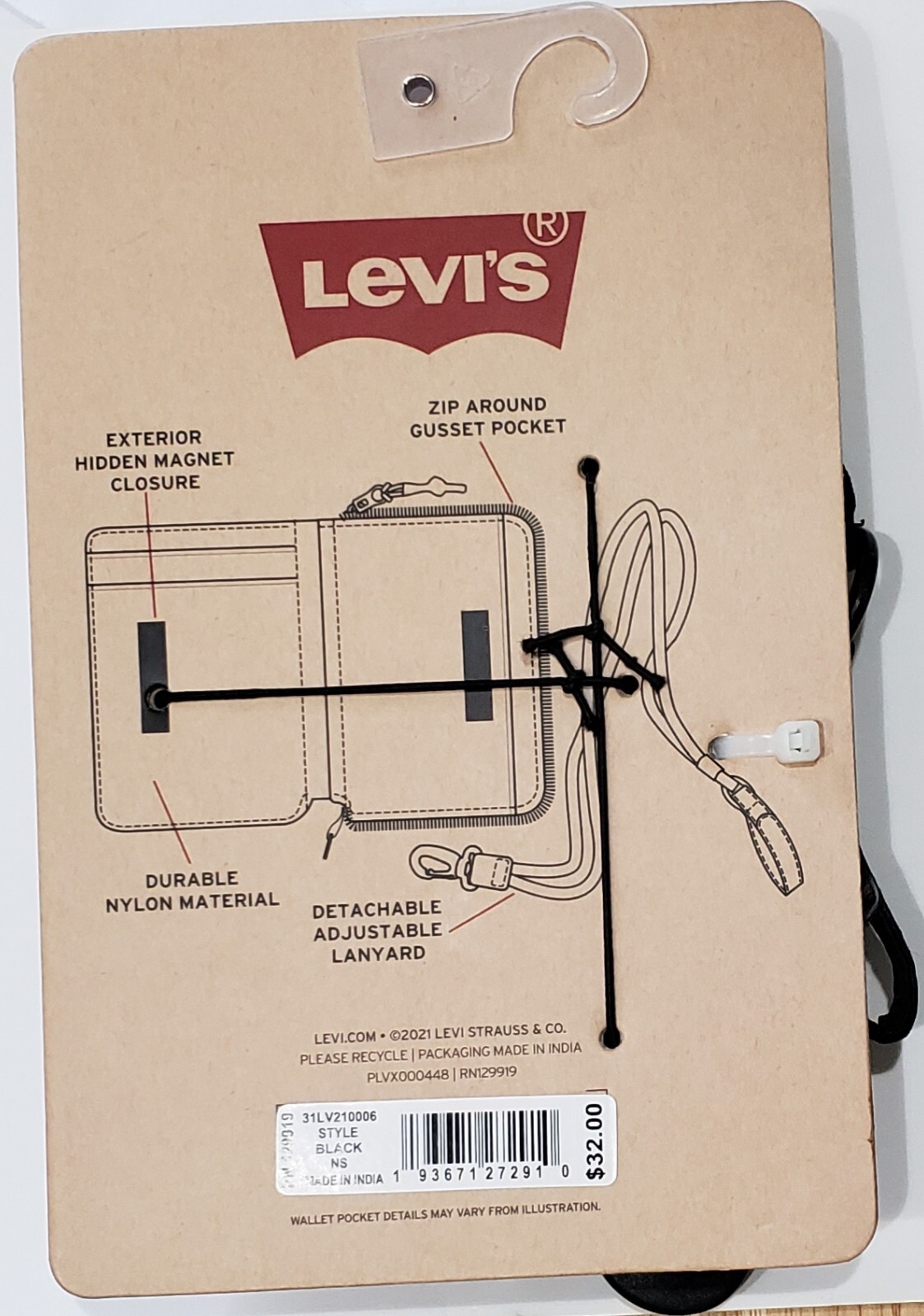 Levi’s Wallet Coin Pocket Black Zip Around Magnetic Card Flap Lanyard New MSRP32