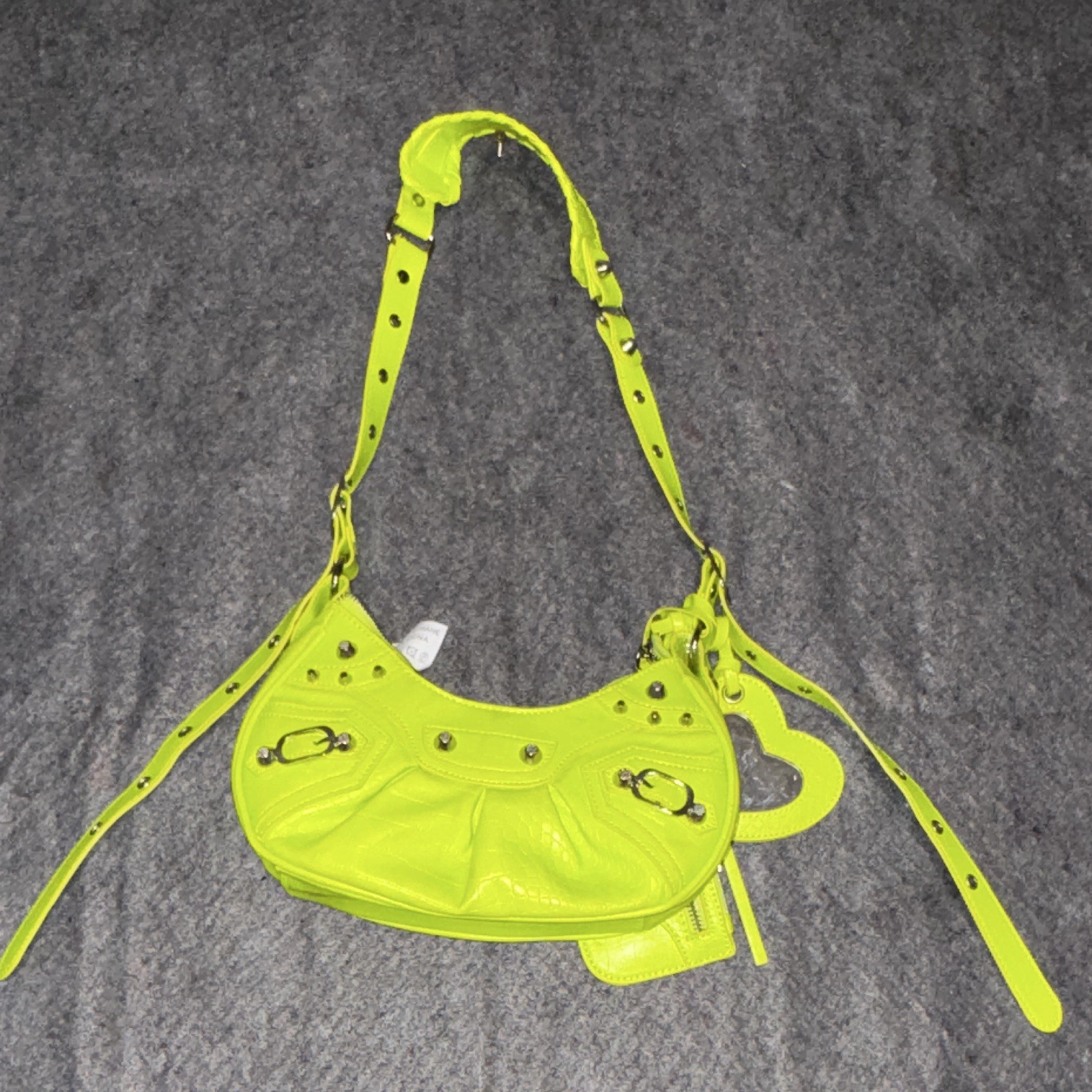 Neon Green Quilted Studded Crescent Shoulder Bag w/ Pouch, Heart Mirror & Strap