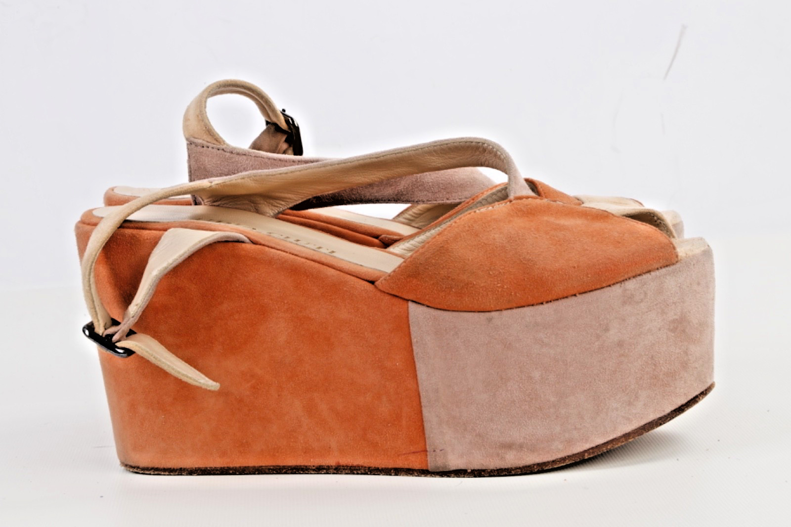 Claudia Ciuti Italian Suede Platform Wedge Sandals Tan Orange Colorblock Size 7M