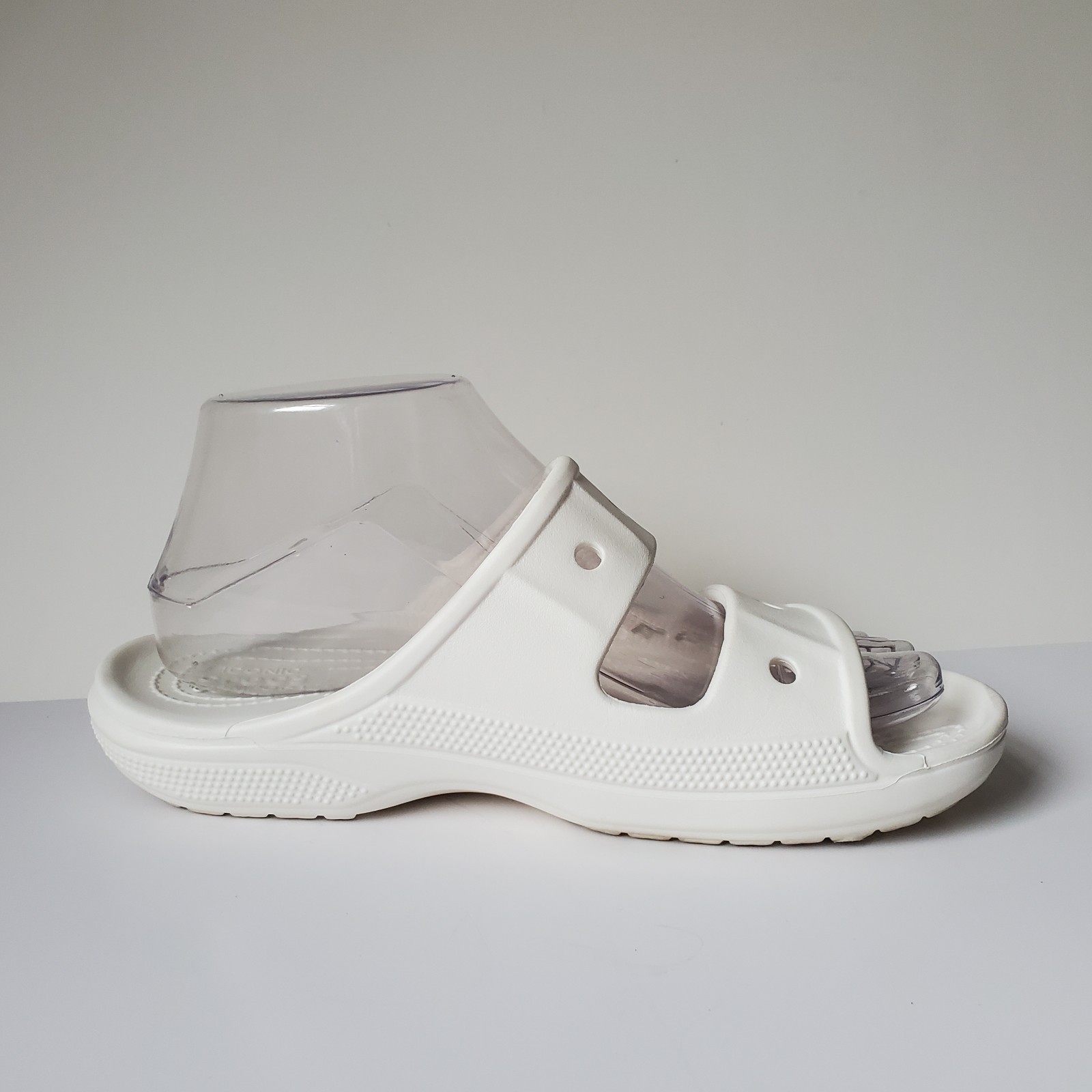 Crocs Baya Slide Sandals Unisex Women 7 Men 5 Spellout Slip-On White Two 2 Strap