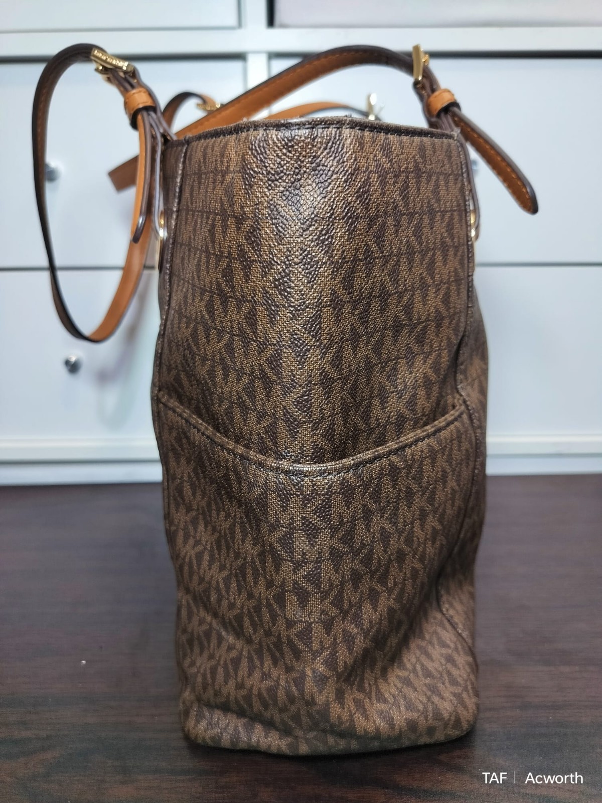 Michael Kors Brown Monogram Tote Shoulder Bag Zip Closure Gold Hardware