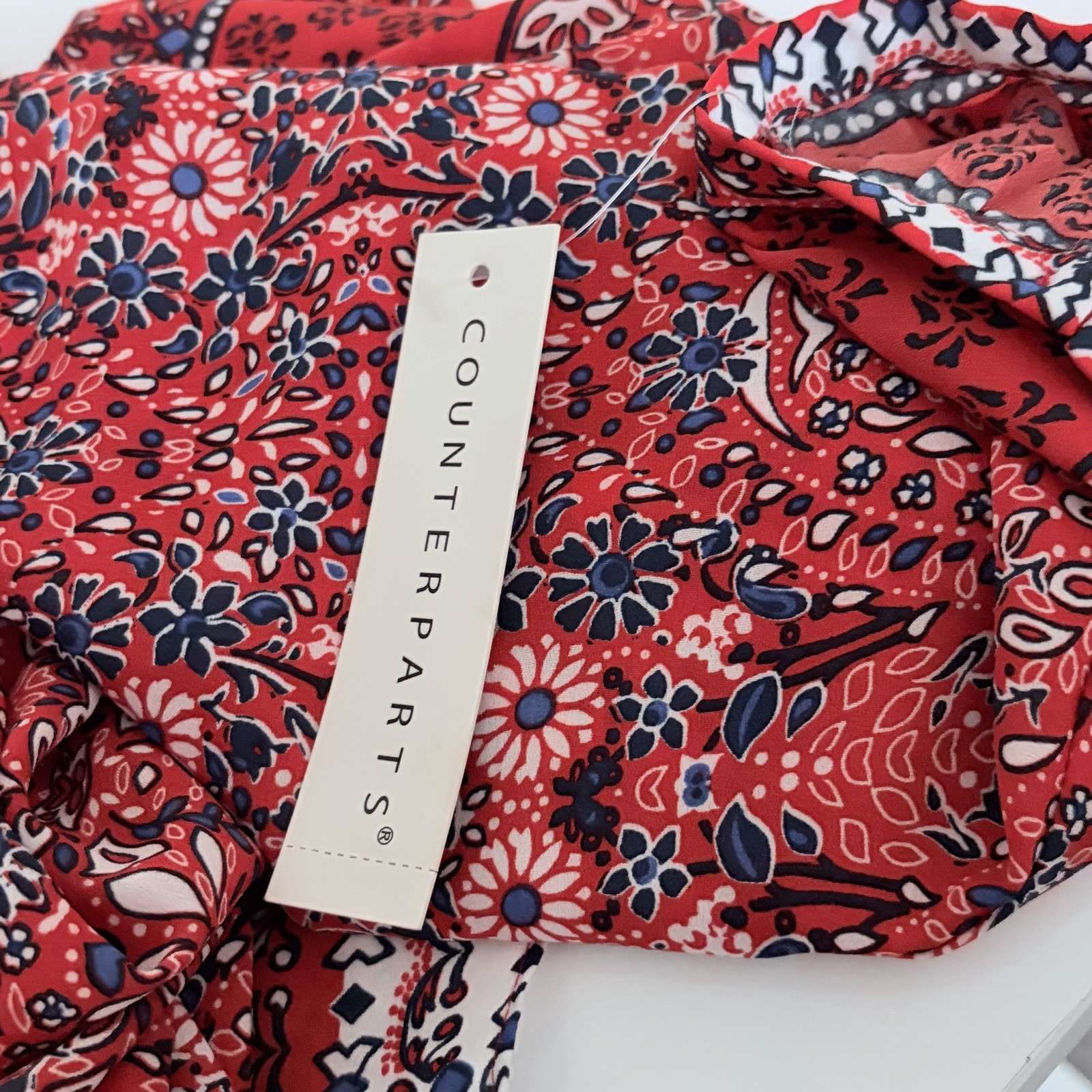 Counterparts Womens XL Boho Floral Blouse 3/4 Sleeve Keyhole Neck Red Multicolor