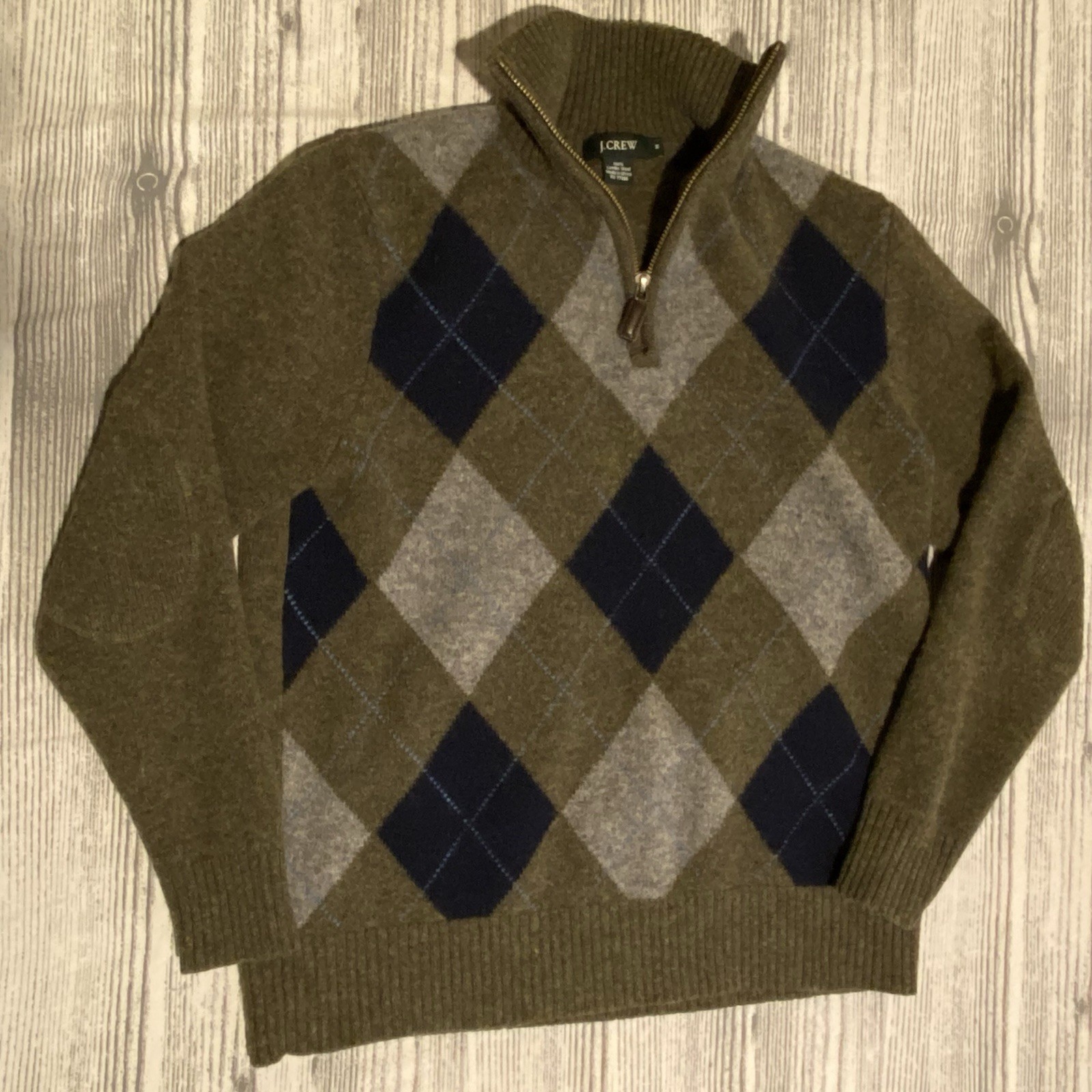 VTG 2007 J.CREW Lambswool Argyle 1/4-Zip Sweater M Holiday Preppy Grandpacore