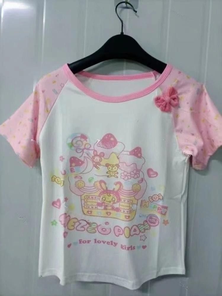Japanese Sweet Kawaii Cartoon Polka Dot Print T-shirt Women Loose Casual