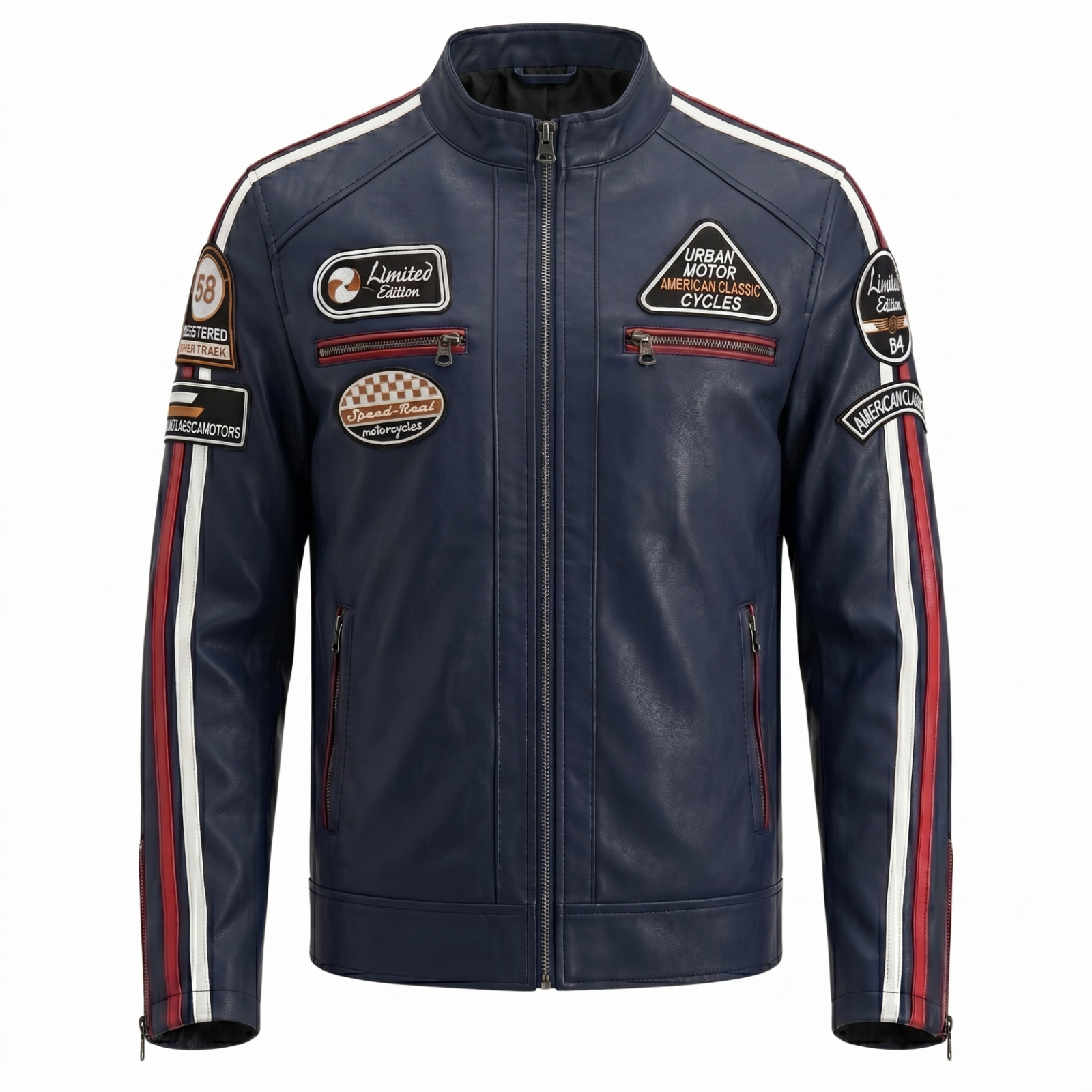 Navy Blue Leather Jacket Men: Cafe Racer Motorcycle Jacket with Racing Patches