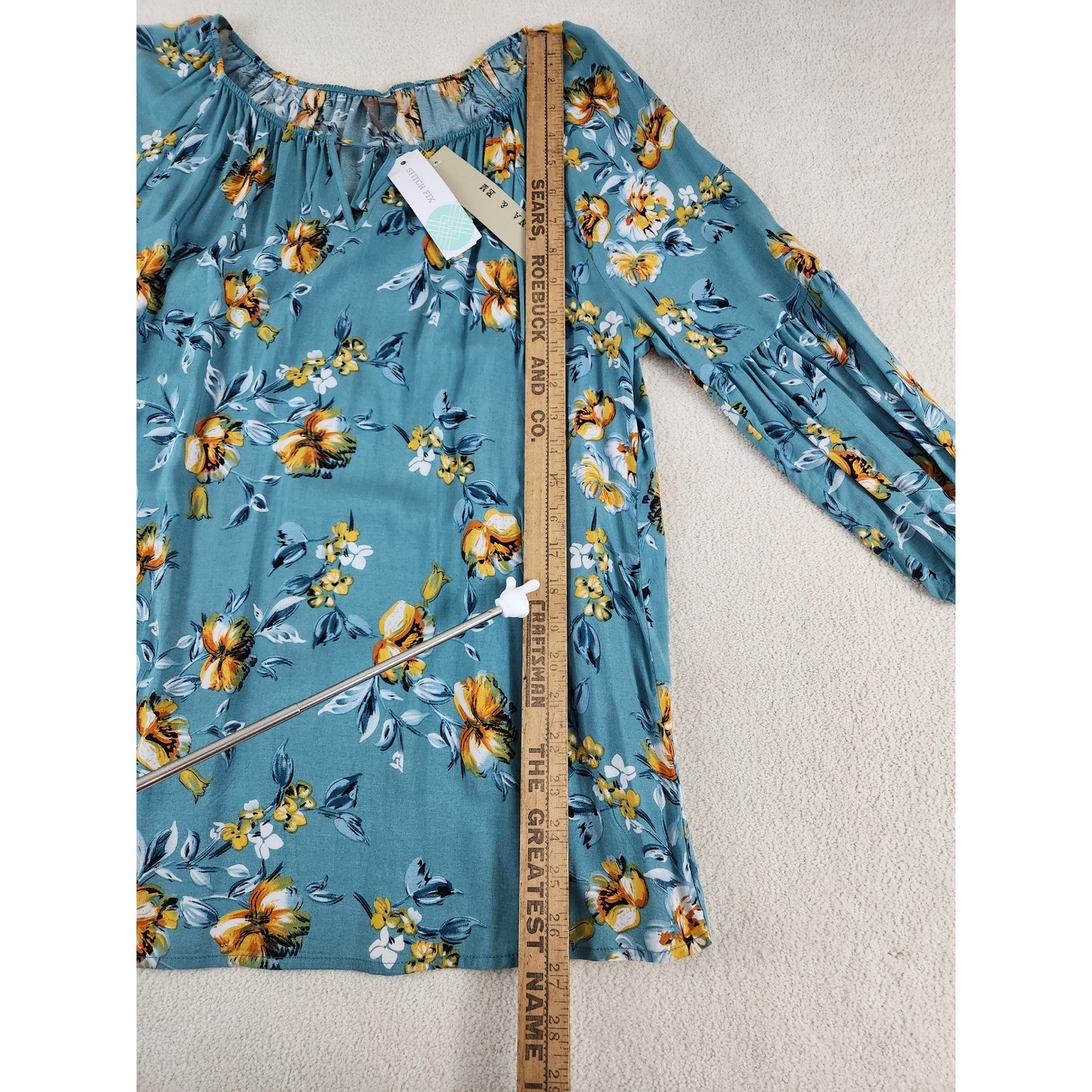 New Brina & Em Stitch Fix 3/4 Sleeve Teal Floral Blouse Size Medium Fall