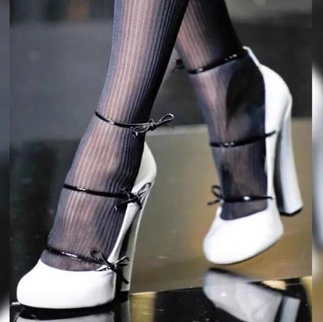 Women’s Bandage 12CM Chunky Heel Shoes Round Bowknot Toe Lace Up Splicing Chic